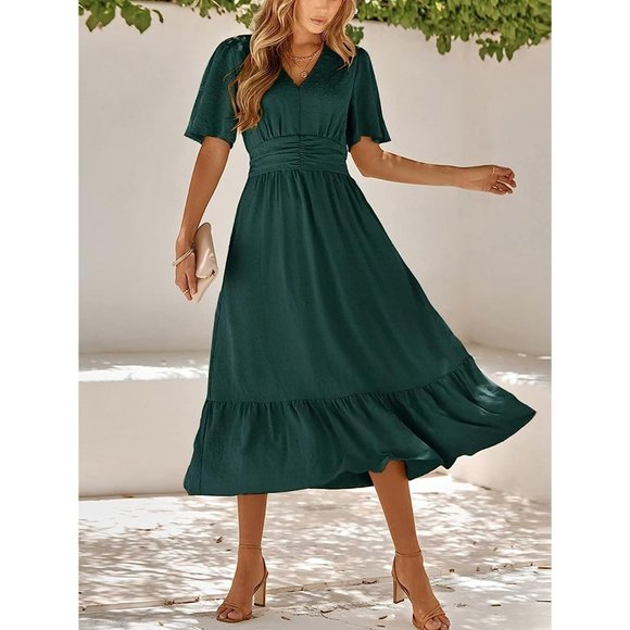 IFFEI Summer Maxi Dress V Neck Chiffon Ruffle Sleeve Swiss Dots A-Line Dress - Picture 3 of 7